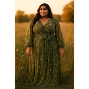 Calvin Klein Olive Green Floral Chiffon Maxi Dress Size 16 Romantic Boho plus